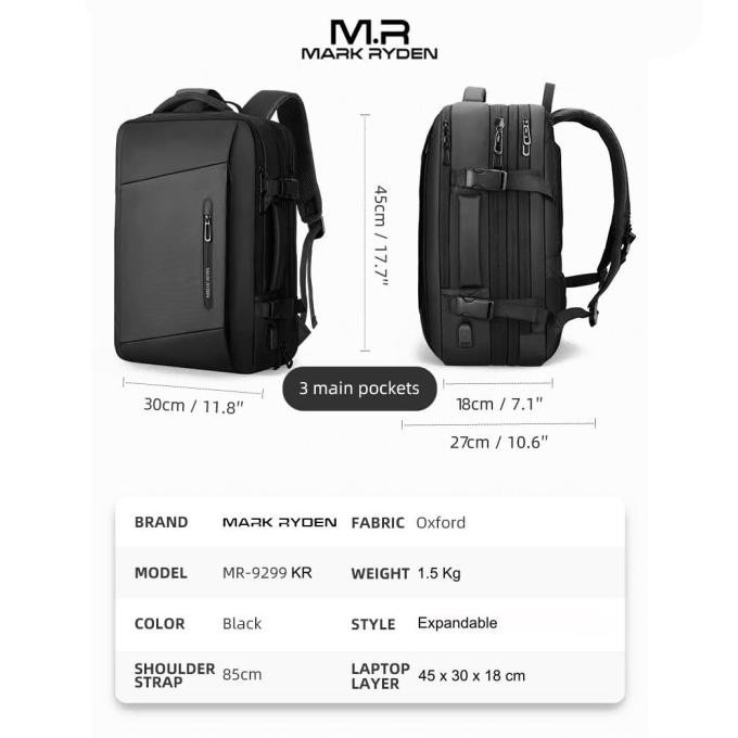 Mark Ryden MR9299KR Backpack Bag USB - Tas Ransel Laptop 17" - BLACK