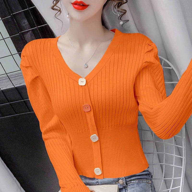Lengan Puff Baru V Atasan Panjang Lengan Pendek Wanita
