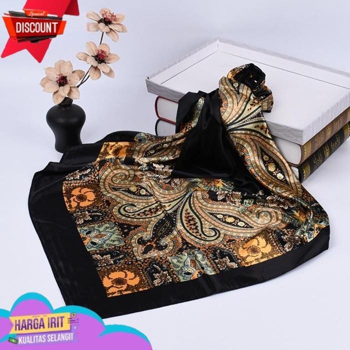 TERBAIK 90X90 CM SYAL PERSEGI SATIN MOTIF BUNGA JAMBU METE BESAR JILBAB WANITA HIJAB SCARF LEHER AKS