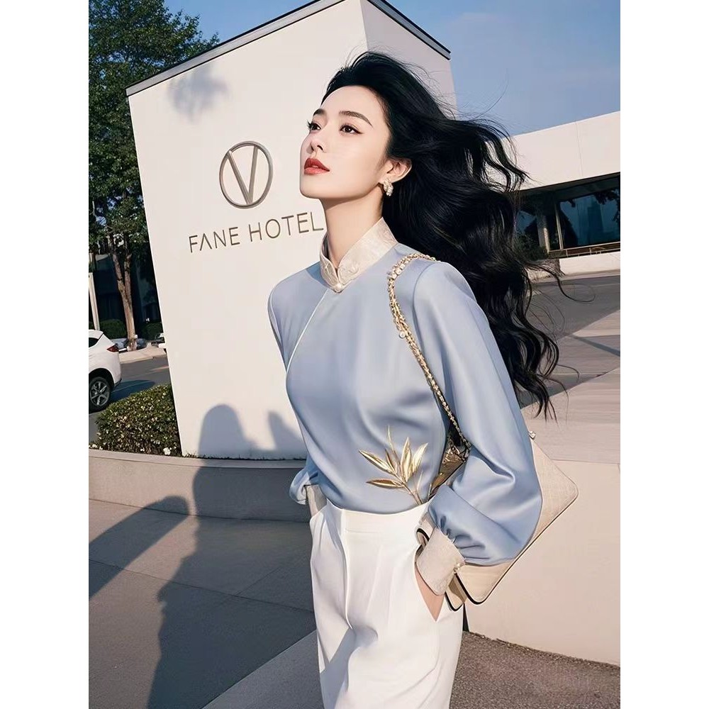 Kemeja Lengan Lentera Kerah Berdiri Tinggi Baru untuk Wanita