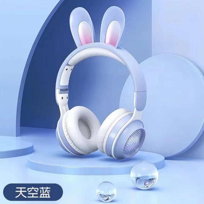 Headset Anak Bluetooth Wireless Telinga Kelinci Lucu Headphone Pink