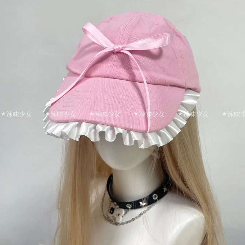 Gadis pedas asli gadis renda pink busur murni kapas murni topi baseball serbaguna y2k topi baseball 