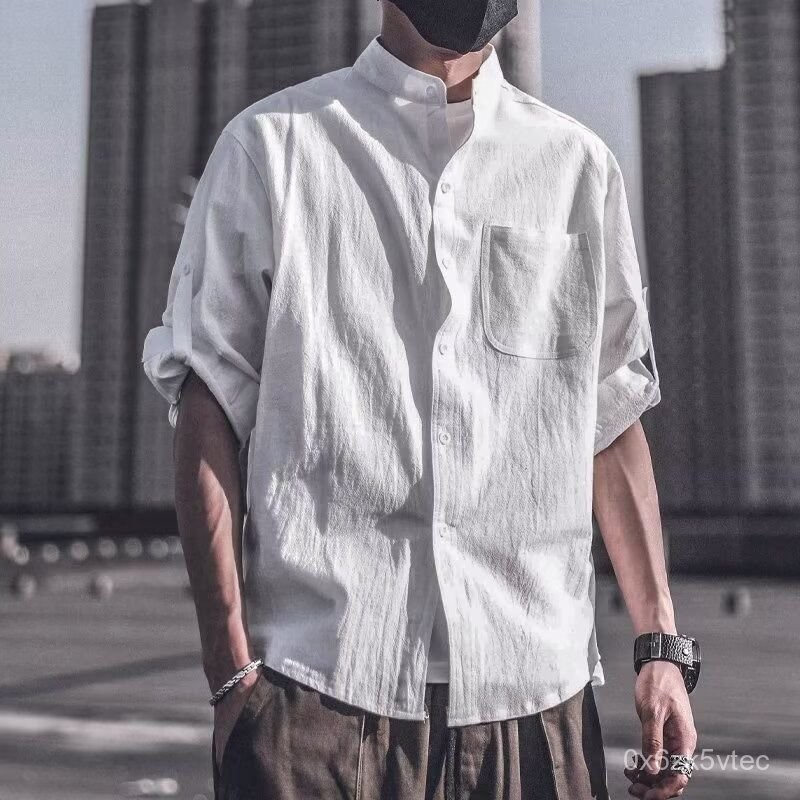 Kemeja Pria Katun Linen Gaya Jepang Longgar Ukuran Besar Santai Trendy