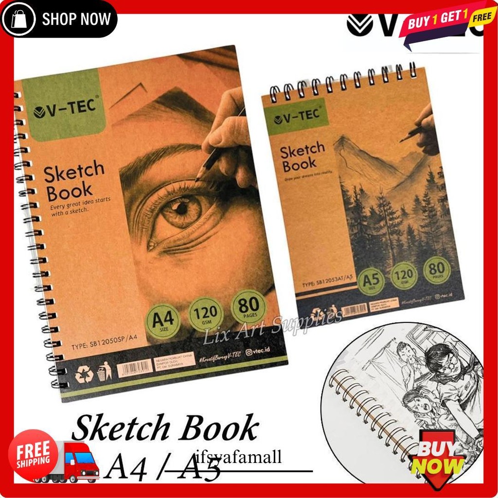 

V-Tec Buku Sketsa A4 / A5 Sketch Book Jilid Spiral 120Gsm Terlaris