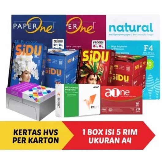 

BEBAS ONGKIR - Kertas HVS A4 70 75 80 gsm PER-KARTON (1 KARTON / DUS isi 5 RIM) - SIDU Paperone PP Lite Bmo Aone Maxi Brite Natural Kertas Fotocopy A4 1 BOX