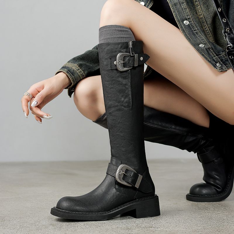 Sepatu bot barat bekas tumit blok vintage Prancis sepatu bot sepatu sepeda tinggi wanita