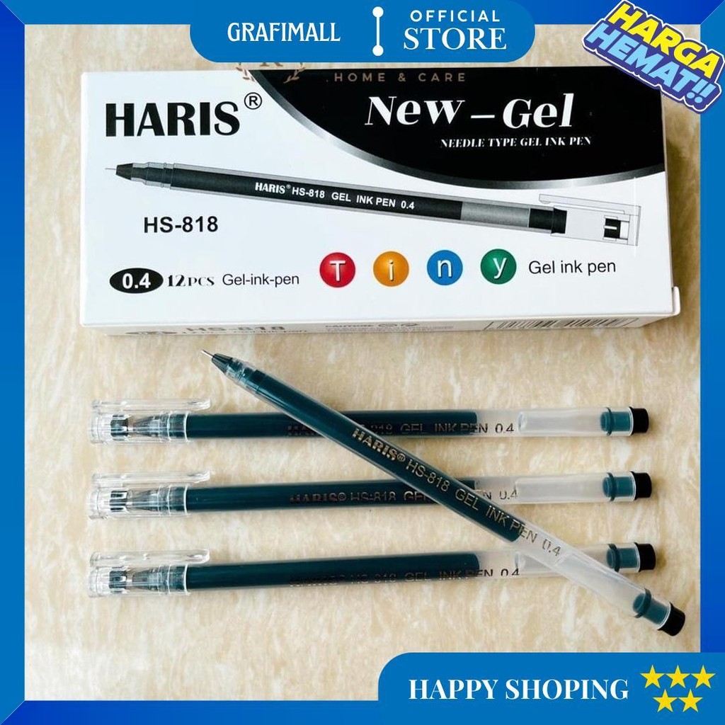 

12Pcs Pulpen Gel Haris / Pen New Jell Hitam / Ballpont New Gel Mata Jarum Tip 0.4Mm D Promo 4.4