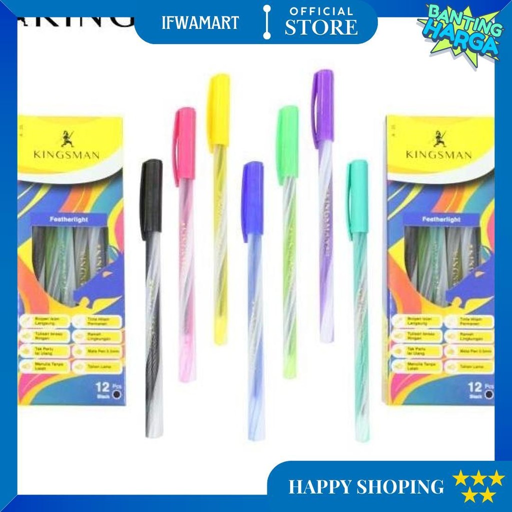 

(1Pak) Kingsman - Promo 12 Pcs Pulpen Bolpen Rainbow Ulir - Tinta Hitam Nevada Bolpenku Gm Spin D Terlaris