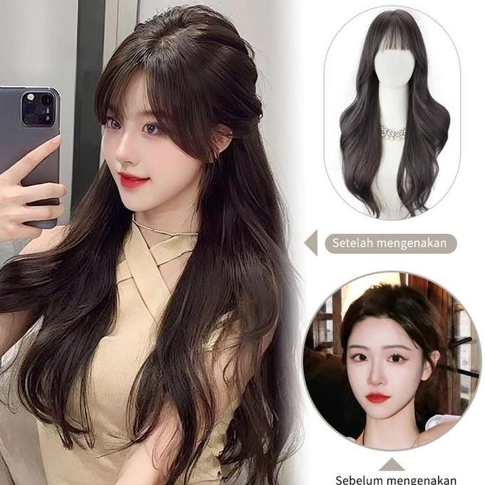 Murah Wig Bergelombang Yang Elegan/Alami/ Panjang Poni/Rambut Palsu/Rambut Palsu Wanita/Rambut Palsu