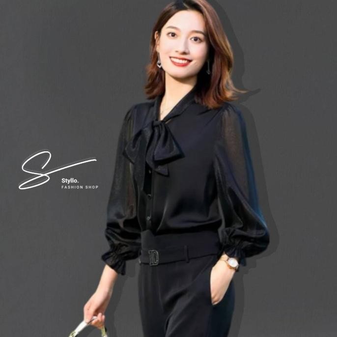 New!! Kemeja Chiffon Sifon Wanita Variasi Tali Syal Lengan Panjang - Hitam