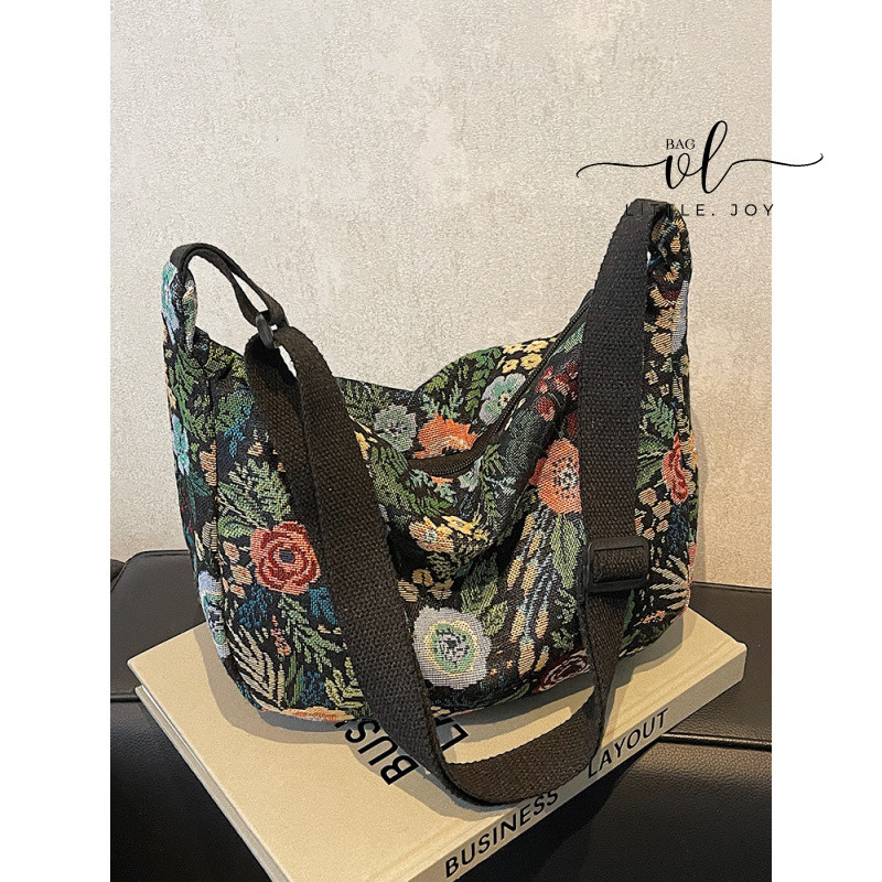 Tas Bahu Kanvas Bunga Retro Wanita, Kapasitas Besar, Tas Selempang Wanita