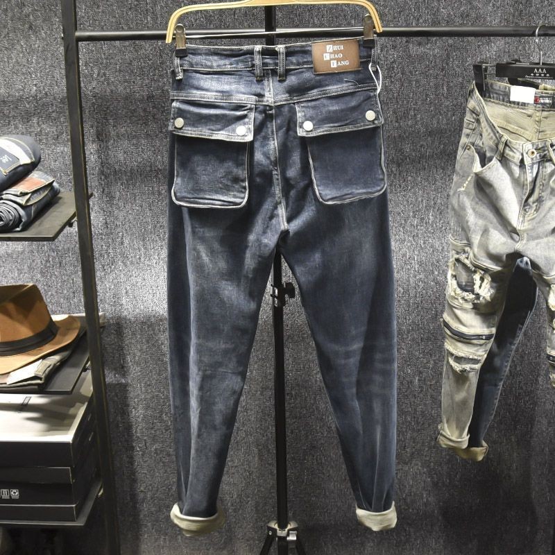 Jeans Kerja Pria Kelas Tinggi Slim Fit Skinny Elastis Celana Panjang Multi-Kantong