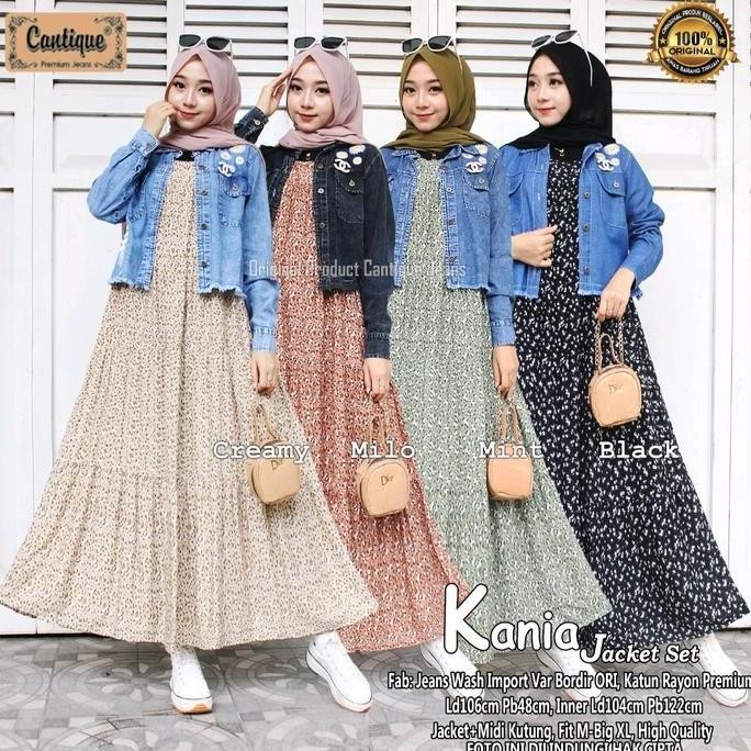 MS COD KANIA SET GAMIS  JAKET JEANS WANITA BUNGA MUSLIM KEKINIAN TERBARU Setelan Celana ADI