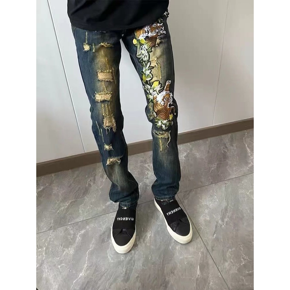 Jeans Emir Bordir Harimau Eropa dan Amerika Fashion Celana Slim Lurus Robek