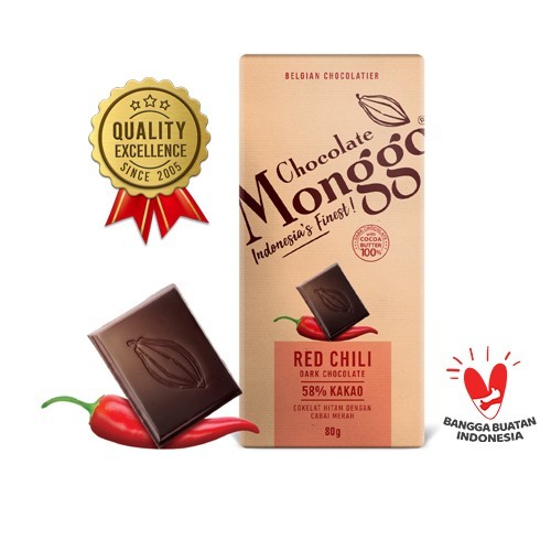 

Chocolate Monggo | Red Chili & Dark Chocolate 80gr| Coklat Murni 100% Kakao Butter | Cokelat Hitam & Cabai | Snack