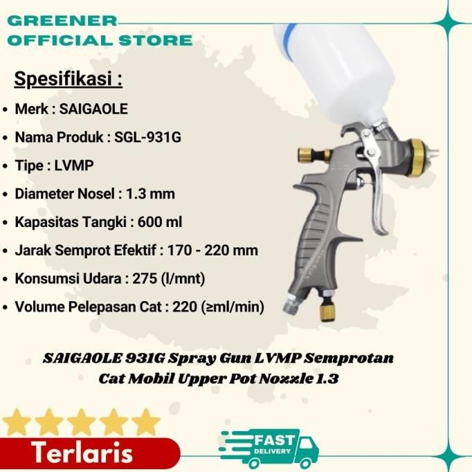 Saigaole 931G Spray Gun Lvmp Semprotan Cat Mobil Upper Pot Nozzle 1.3 New Stok