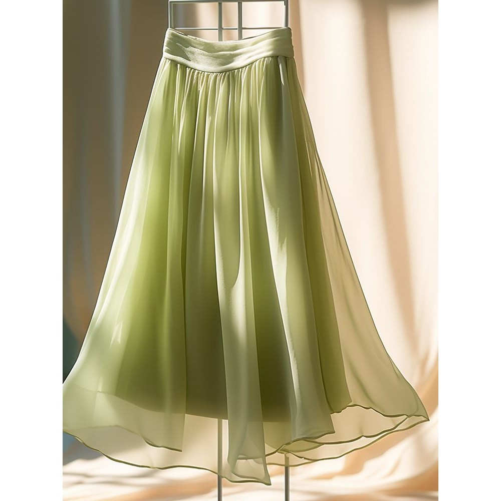Pinggang Tinggi Chiffon Hijau Dopamin a Rok Garis