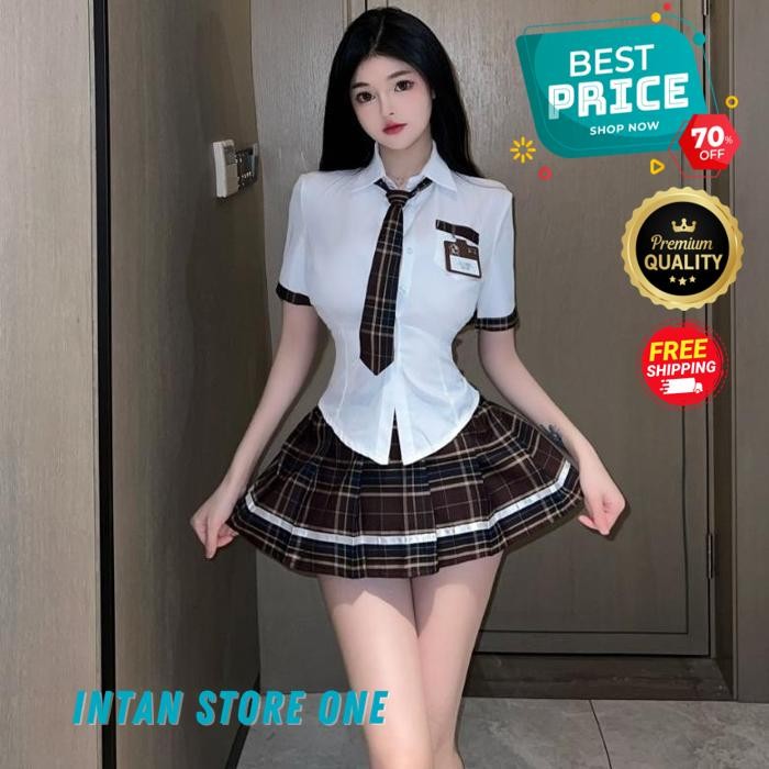 EKSKLUSIF LINGERIE BAJU DINAS SEXY WANITA SERAGAM SISWI KOSTUM SEKOLAH SEXY TANPA STOCKING F PREMIUM