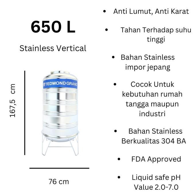 Diskon Tangki Tandon Toren Air Tedmond Grand Stainless 650 L