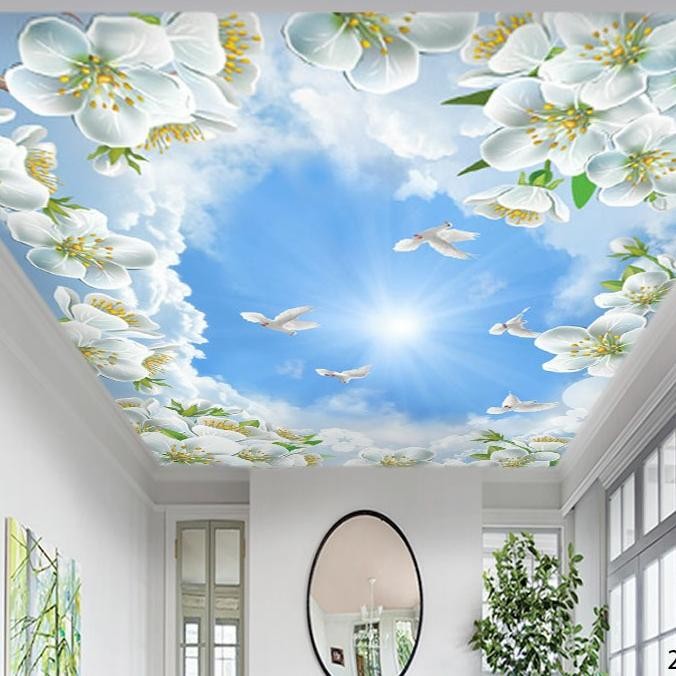 Miliki Wallpaper 3D Custom Plafon Ornamen Bunga Burung Awan Biru 22Plf-004