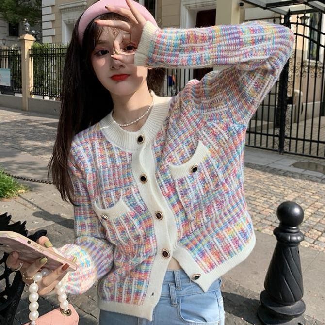 Sale Telly 099 Sweater Cardigan Rainbow Pelangi Abstrak Wol Rajut Gradasi Baju Kardigan Panjang Knit