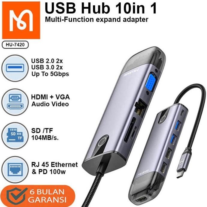 Mcdodo Hu 7420 10 In 1 Type-C Male To C Hdmi Vga Rj45 Lan Sd Micro Sd 2X Usb 3.0 2X Usb 2.0 Female H