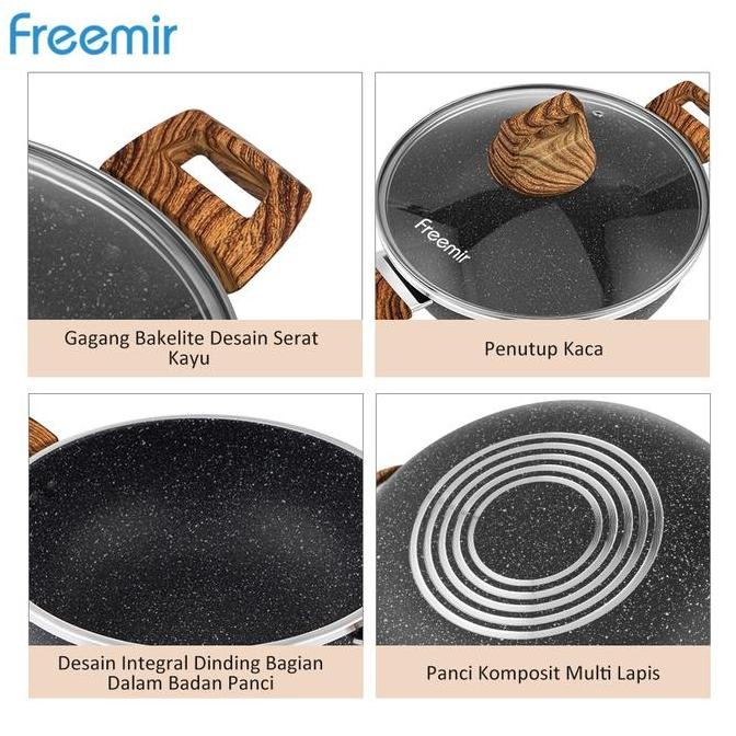Murah [Special Crehom - Get 2] Freemir Wajan Kuali 20 Cm Tutup Kaca+ Wajan Granit Penggorengan 20 Cm