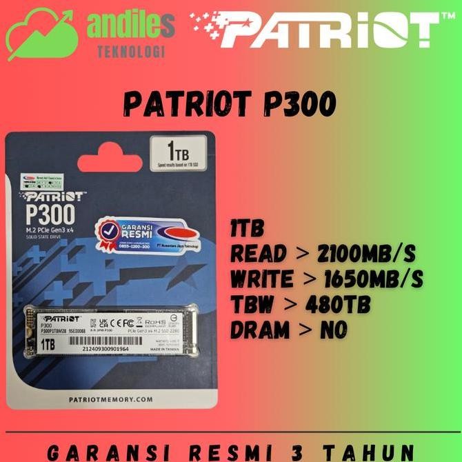 SSD PATRIOT P300 1TB NVME M2 2280 PCIE GEN3 X 4 - SSD 1TB NVME PATRIOT - SSD NVME 1TB  (GARANSI RESM