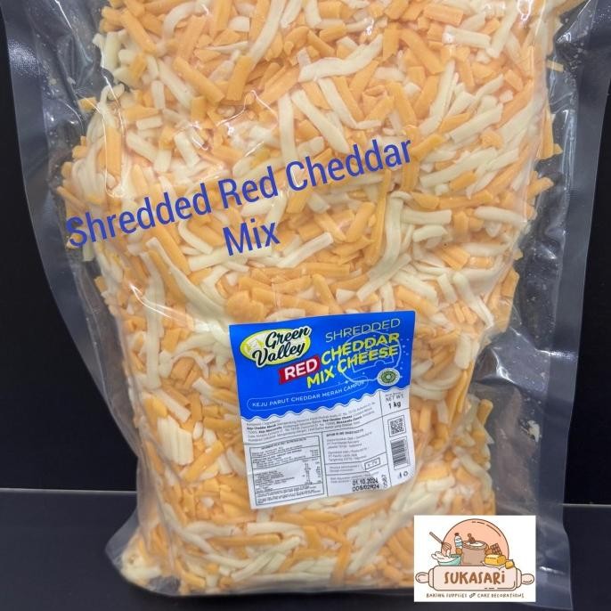 

Promo Green Valley Shredded Red Cheddar Mix Cheese 1Kg Pack Keju Orange Yellow Mix
