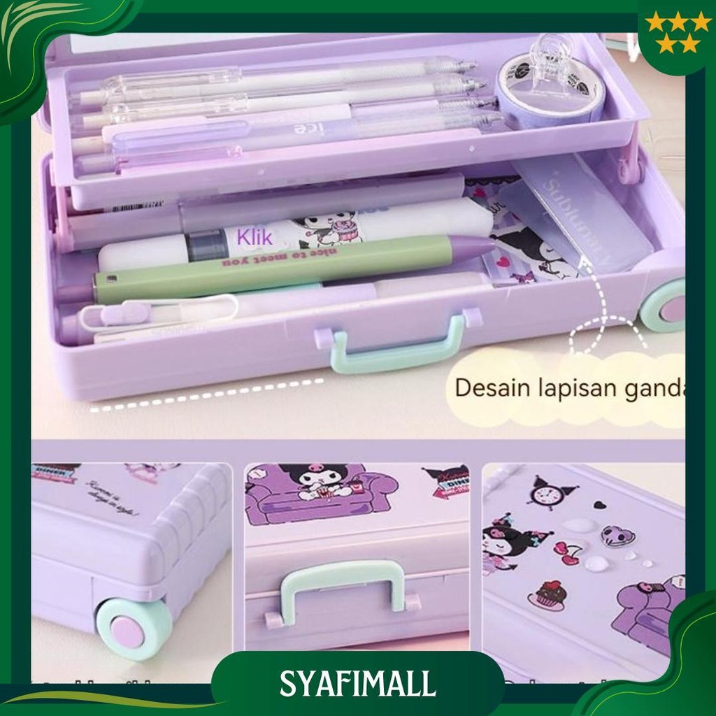 

Stiker GratisKuromi Sanrio Seri Anime Kartun Pensil Kasus Troli Kotak Alat Tulis/Diy Large Capacity Kotak Pensil Anak-Anak Bentuk Bagasi Promo Puncak