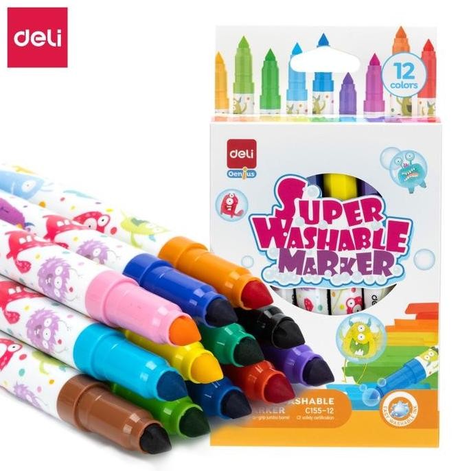 

Deli Washable Marker / Spidol Warna Anak 12 24 Warna Mudah dicuci Tersertifikasi Aman EC155 Stationery