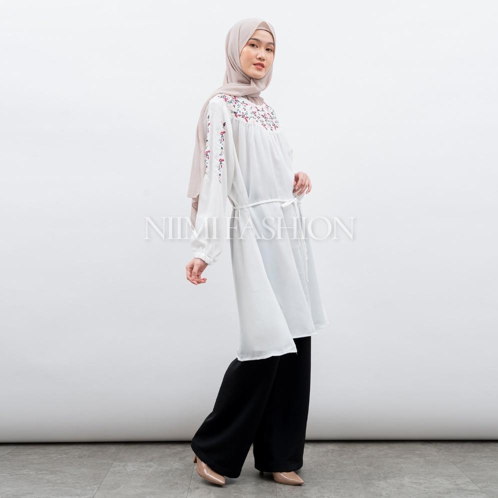 Ul-64 Nimi - Azela Tunik Putih Bordir Premium Atasan Long Tunik Putih Jumbo Bordir