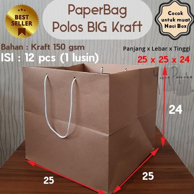 

Paper bag / Tas Kertas Paperbag Kraft Coklat Kotak Nasi Box / Kue 25 x 25 x 24 (12 pcs)