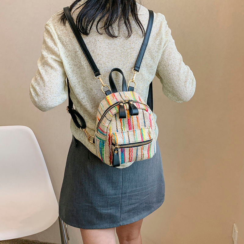 Ransel Vintage Wanita Rajut Pelangi Premium, Ransel Kanvas