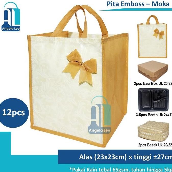 

12pcs Tas Kain Spunbond Pita Emboss Polos muat 2 box nasi kotak Besek 20/22cm Hajatan Syukuran Pesta murah