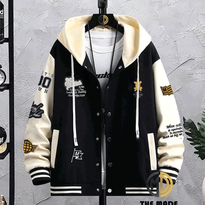 Jaket Varsity Baseball Hoodie Vintage Logo Full Bordir Pria Dan Wanita Terbaru Model Kupluk Keren Ba