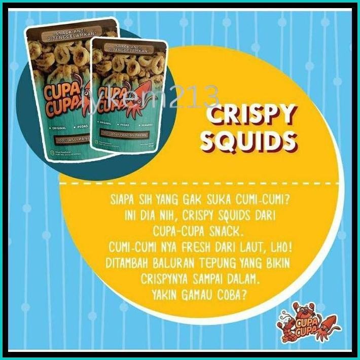 

CUPA CUPA SNACK CRISPY SQUID-SNACK CEMILAN BERGIZI SEAFOOD CUMI KRIUK (NETTO 50 GRAM)