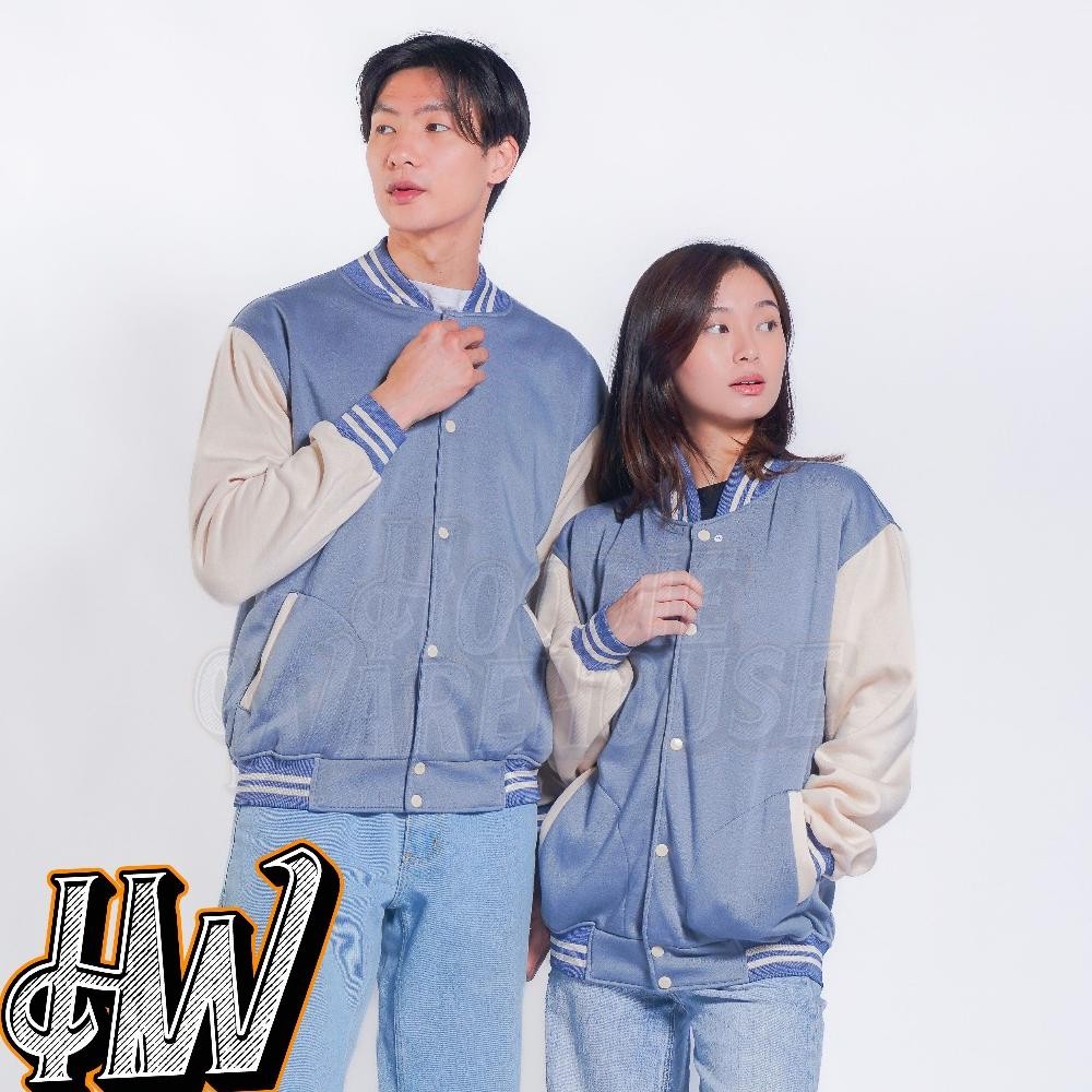 Jaket Basebal Kancing Denim Tangan Cream Polos Pria Dan Wanita Unisex M-Xxl