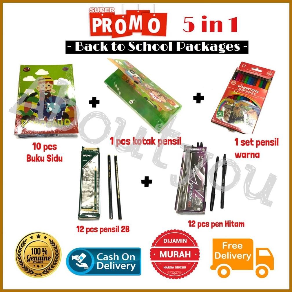PROMO 5 IN 1 PAKET ALAT TULIS SEKOLAH SET LENGKAP BUKU KOTAK PENSIL WARNA PEN MURAH