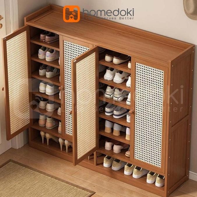 Homedoki Lemari Sepatu Rotan/Lemari Sepatu Kayu Minimalis/Lemari Sepatu Tertutup Serbaguna/Rak Sepat
