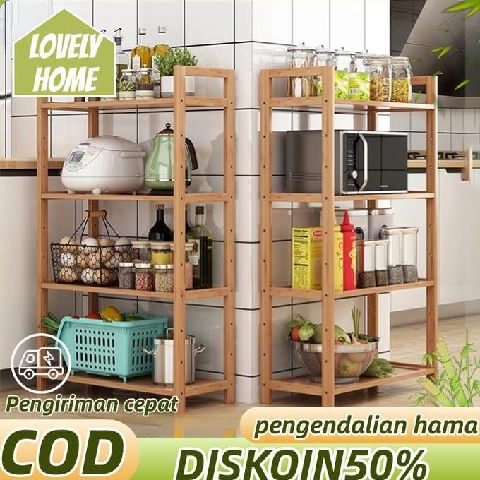 Rak Dapur Bambu Rak Susun Serbaguna Murah Rak Dapur Portable Penyimpanan Praktis Kapasitas Besar Rak
