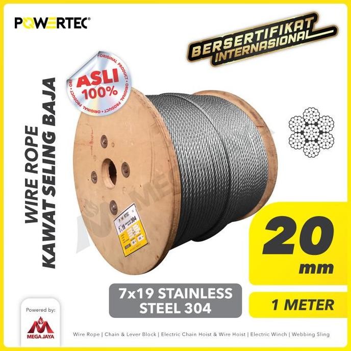 POWERTEC Wire Rope / Kawat Seling Baja 7x19 SS 304 20mm   - 1 Meter liquid
