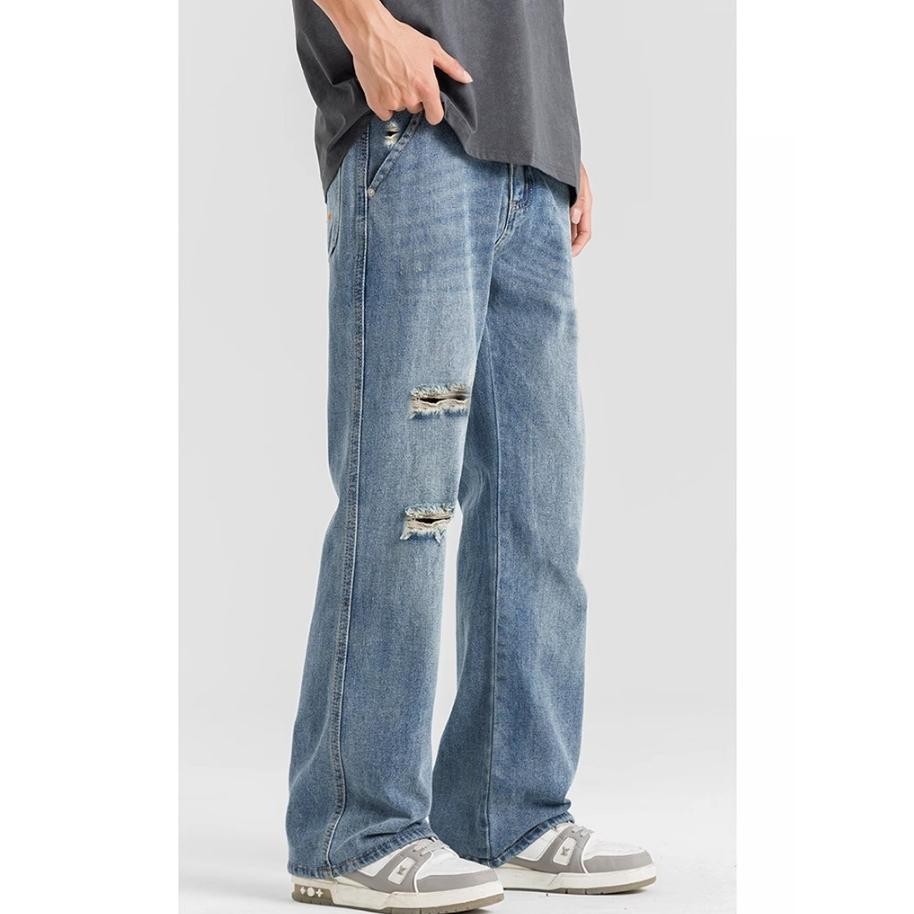 Celana Jeans Pria Baggy Pants Korean Style Biru Oversize Straight Ripped Terbaru Dewasa Cowok Denim 