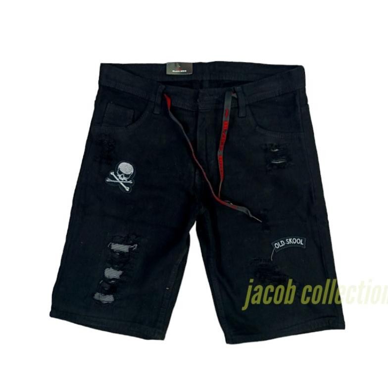 Celana Jeans Pendek Hitam Sobek Celana Pendek Sobek Pria Celana Ripped Denim Bordir Emblem