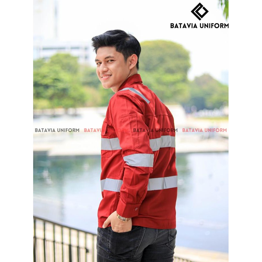Baju Kemeja Wearpack Kerja Proyek Safety Panjang Pria Maroon Resleting