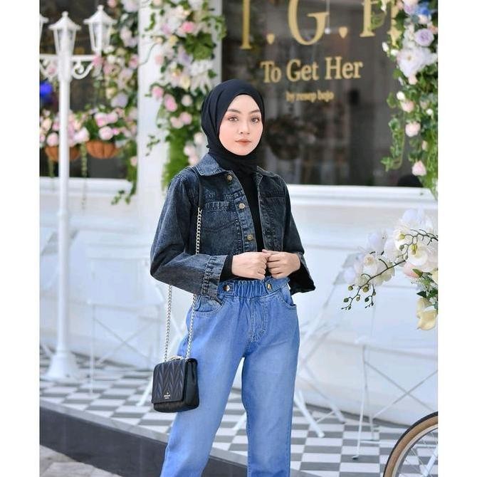 Jaket Crop Rawis Denim Blazer Wanita Slim-Fitting Baju  Jeans  Tebal Atasan Top Outer Lengan Panjang