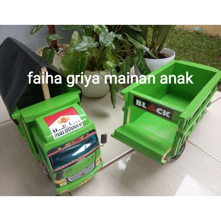 [Ready stock] mainan truck oleng kayu hijau pakai terpal -truck oleng kayu- miniatur truck oleng-