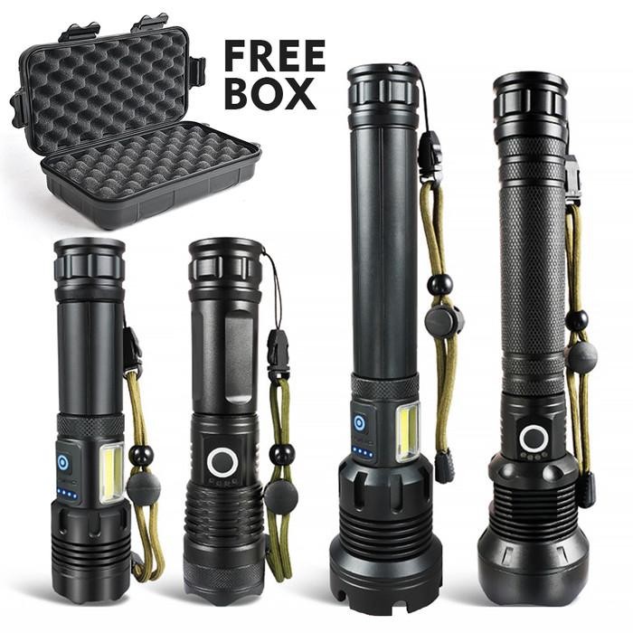 Paket Senter Led Flashlight Tactical Cree Xhp P90 90000 Lumens + Baterai / Senter Swat Police Polisi