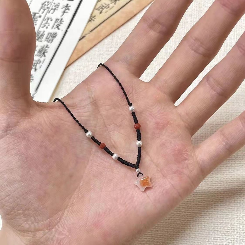 Kalung Choker Desain Lucu Bintang Kecil Wanita Tenun Tangan dengan Tali Hitam