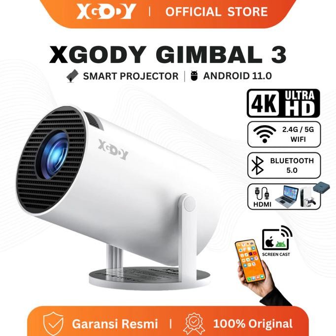 XGODY GIMBAL3  Mini Proyektor Android Bluetooth Wifi Portabel Mini LCD Support 4K Outdoor Home Theat